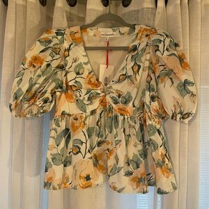 Floral Puff Sleeve Top - Orange and Green